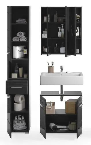 Badezimmer Set Linus | schwarz Hochglanz | 3-teilig ohne Aufsatzleuchte