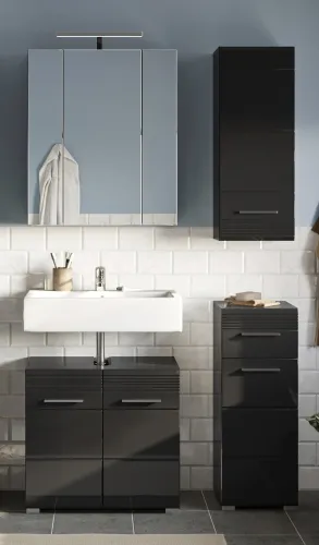 Badezimmer-Set Linus | schwarz Hochglanz | 4-teilig mit Aufsatzleuchte