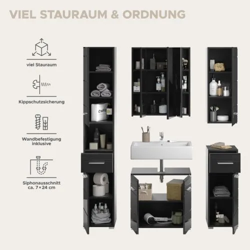 Badezimmer-Set Linus | schwarz Hochglanz | 5-teilig