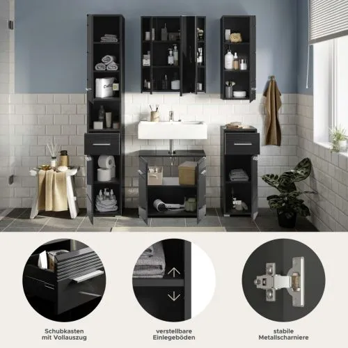 Badezimmer-Set Linus | schwarz Hochglanz | 5-teilig mit Aufsatzleuchte