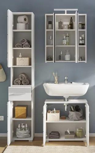 Badezimmer Set Linus | weiß Hochglanz | 3-teilig mit Aufsatzleuchte