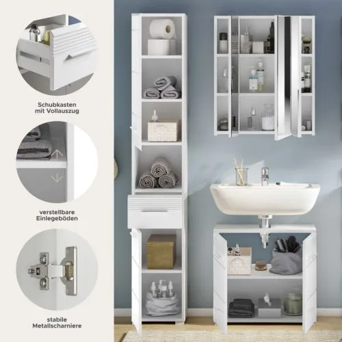 Badezimmer Set Linus | weiß Hochglanz | 3-teilig mit Aufsatzleuchte