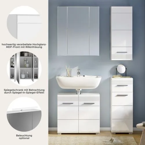 Badezimmer-Set Linus | weiß Hochglanz | 4-teilig mit Aufsatzleuchte