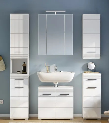 Badezimmer-Set Linus| weiß Hochglanz | 5-teilig mit Aufsatzleuchte