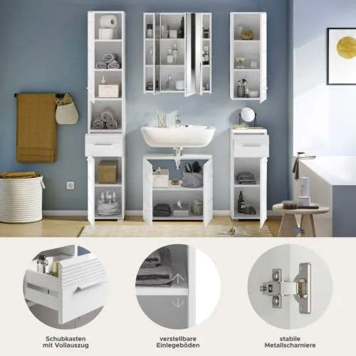 Badezimmer-Set Linus| weiß Hochglanz | 5-teilig mit Aufsatzleuchte