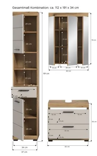 Badezimmer-Set Scout 1 | Kaschmir / Evoak Oak | 3-teilig mit Aufsatzleuchte