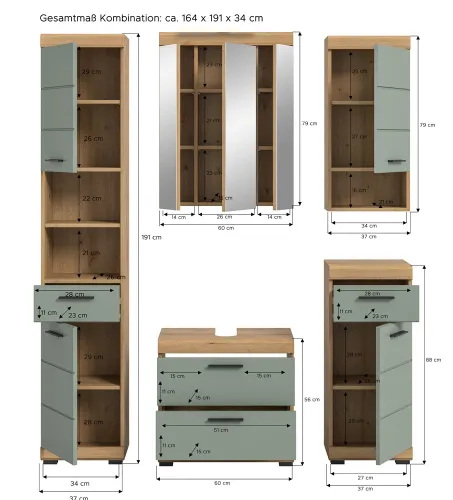 Badezimmer-Set Scout 3 | Salbei / Artisan Eiche | 5-teilig | optional Aufsatzleuchte