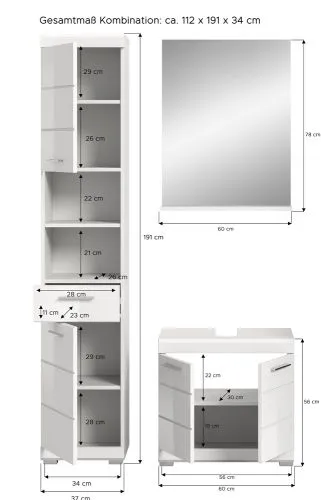Badezimmer-Set Scout 3 | weiß Hochglanz / weiß | 3-teilig | optional Aufsatzleuchte