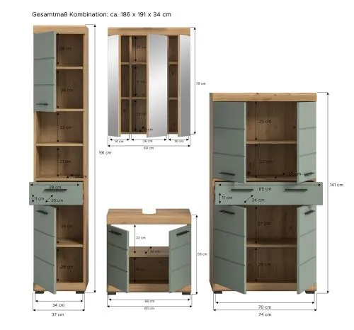 Badezimmer-Set Scout 5 | Salbei / Artisan Eiche | 4-teilig | mit Aufsatzleuchte