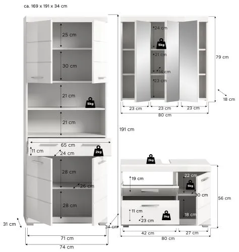 Badezimmer-Set Scout 5 | weiß Hochglanz / weiß | 3-teilig
