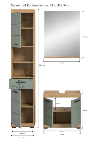Badezimmer-Set Scout | Salbei / Artisan Eiche | 3-teilig | optional Aufsatzleuchte