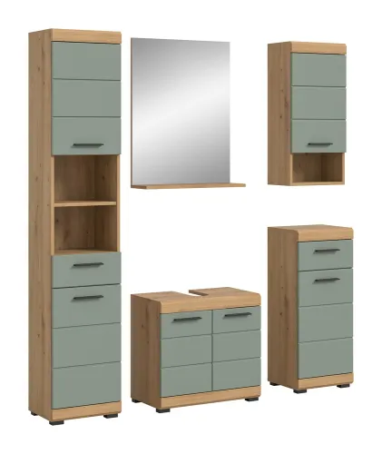 Badezimmer-Set Scout | Salbei / Artisan Eiche | 5-teilig | mit Aufsatzleuchte