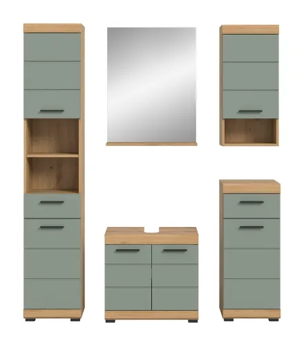Badezimmer-Set Scout | Salbei / Artisan Eiche | 5-teilig | mit Aufsatzleuchte