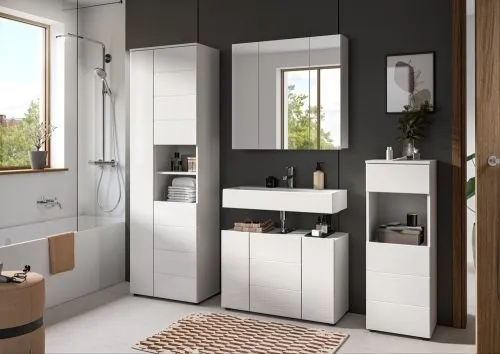 Badezimmer-Set Vira 1 | 4-teilig | weiß / weiß Hochglanz | mit Aufzatzleuchte