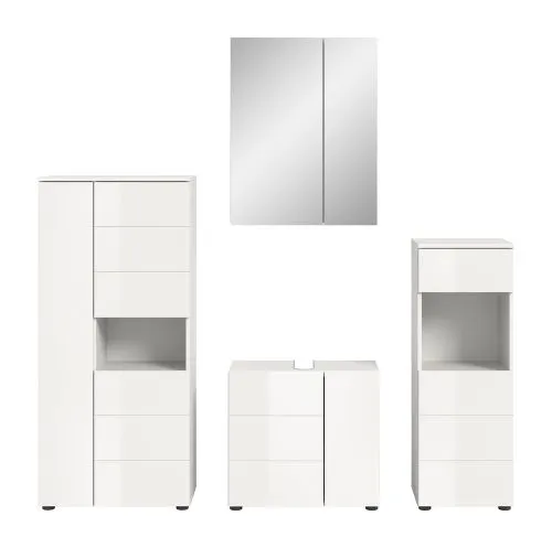 Badezimmer-Set Vira 2 | 4-teilig | weiß / weiß Hochglanz | mit Aufzatzleuchte