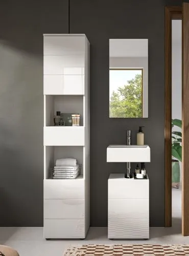 Badezimmer-Set Vira | 3-teilig | weiß / weiß Hochglanz | mit Aufzatzleuchte