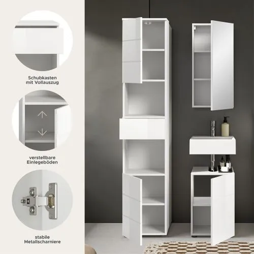 Badezimmer-Set Vira | 3-teilig | weiß / weiß Hochglanz | mit Aufzatzleuchte