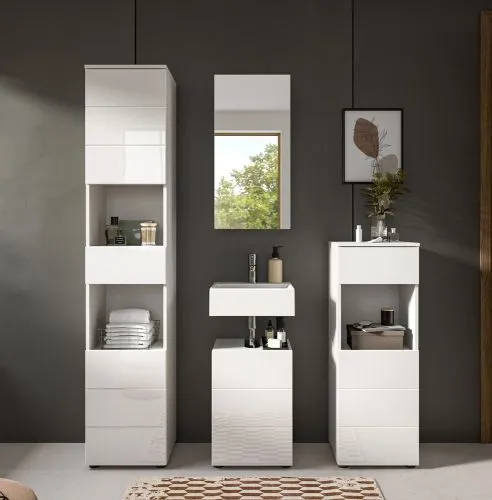 Badezimmer-Set Vira | 4-teilig | weiß / weiß Hochglanz | mit Aufzatzleuchte