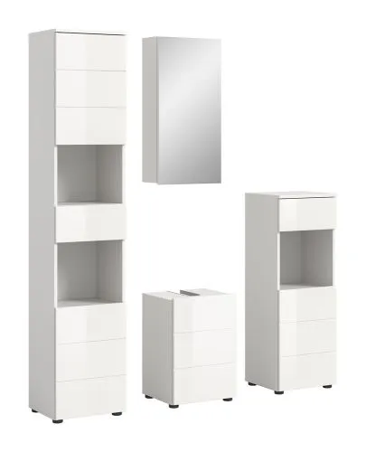 Badezimmer-Set Vira | 4-teilig | weiß / weiß Hochglanz | mit Aufzatzleuchte