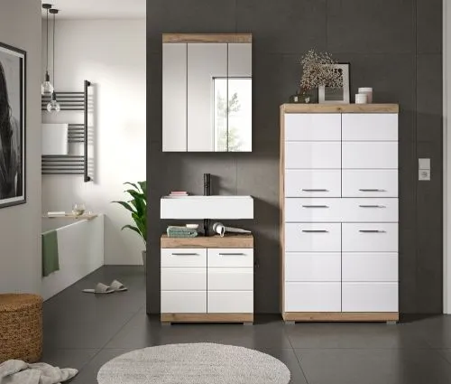 Badezimmer-Set Wave 2 | weiß Hochglanz / Nox Oak | 3-teilig | mit Aufsatzleuchte 1a
