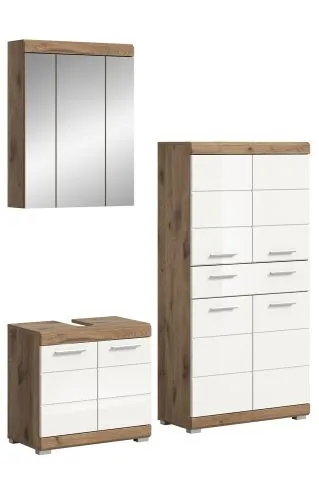Badezimmer-Set Wave 2 | weiß Hochglanz / Nox Oak | 3-teilig | mit Aufsatzleuchte 1a