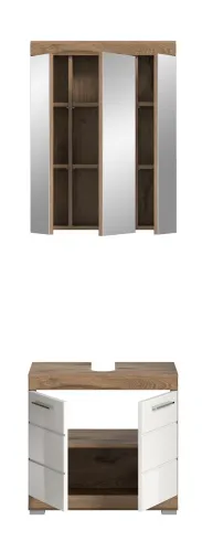 Badezimmer-Set Wave | weiß Hochglanz / Nox Oak | 2-teilig | mit Aufsatzleuchte