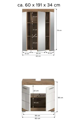 Badezimmer-Set Wave | weiß Hochglanz / Nox Oak | 2-teilig | mit Aufsatzleuchte