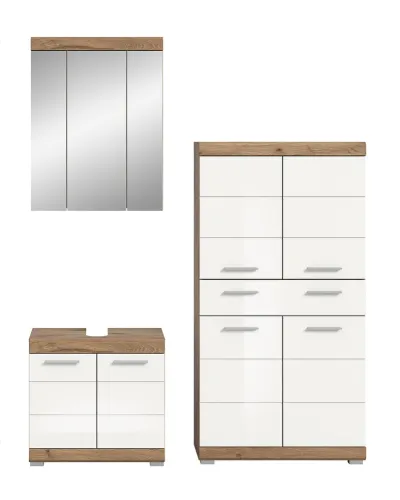 Badezimmer-Set Wave 2 | weiß Hochglanz / Nox Oak | 3-teilig