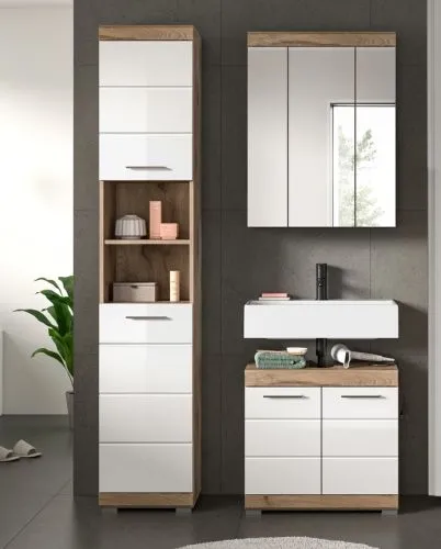 Badezimmer-Set Wave | weiß Hochglanz / Nox Oak | 3-teilig | optional Beleuchtung