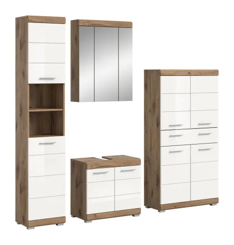 Badezimmer-Set Wave | weiß Hochglanz / Nox Oak | 4-teilig | mit Aufsatzleuchte