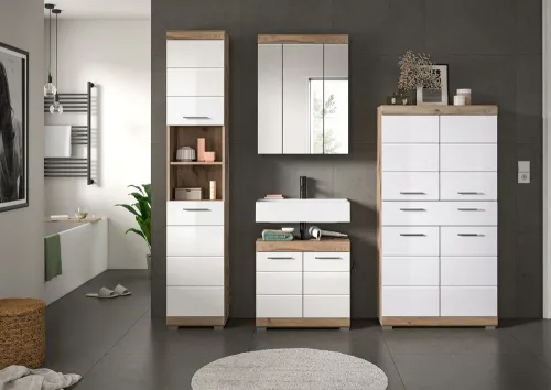Badezimmer-Set Wave | weiß Hochglanz / Nox Oak | 4-teilig