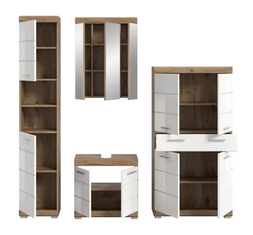 Badezimmer-Set Wave | weiß Hochglanz / Nox Oak | 4-teilig