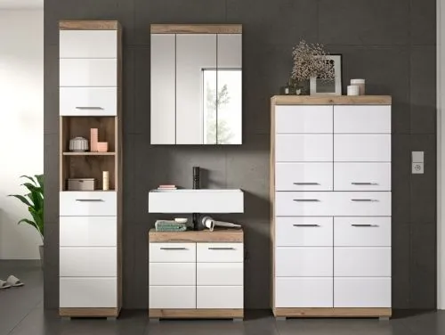Badezimmer-Set Wave | weiß Hochglanz / Nox Oak | 4-teilig | optional Beleuchtung