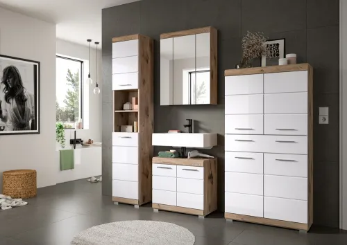 Badezimmer-Set Wave | weiß Hochglanz / Nox Oak | 4-teilig | optional Beleuchtung