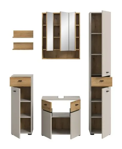 Badkombination Bad Set Aqua | 5-teilig | Kaschmir / Evoke Oak mit Aufsatzleuchte
