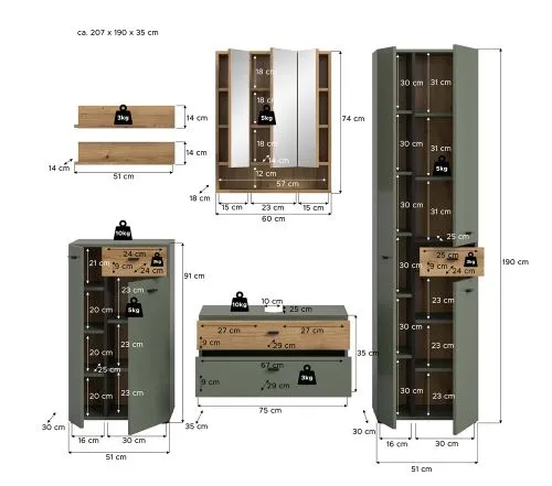 Badkombination Bad Set Aqua | 5-teilig | Sage Green / Evoke Oak