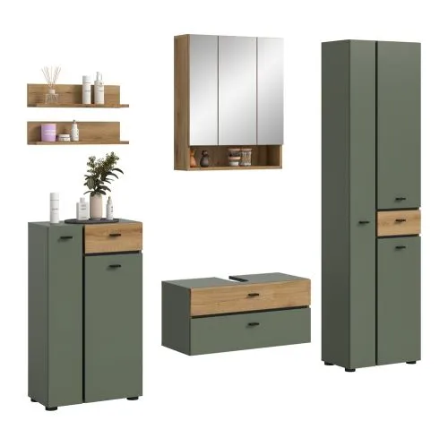 Badkombination Bad Set Aqua | 5-teilig | Sage Green / Evoke Oak mit Aufsatzleuchte