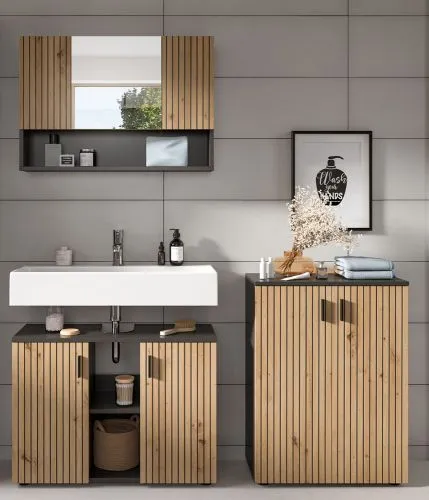 Badkombination Mone 1 | 3-teilig | Basalt grau / Artisan Oak mit Aufsatzleuchte