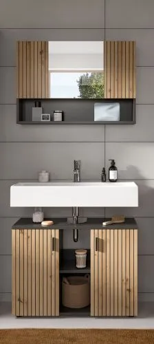 Badkombination Mone | 2-teilig | Basalt grau / Artisan Oak mit Aufsatzleuchte