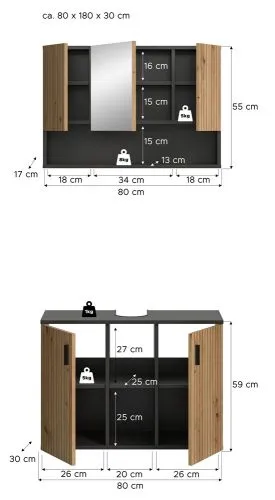 Badkombination Mone | 2-teilig | Basalt grau / Artisan Oak mit Aufsatzleuchte