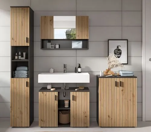 Badkombination Mone | 4-teilig | Basalt grau / Artisan Oak mit Aufsatzleuchte