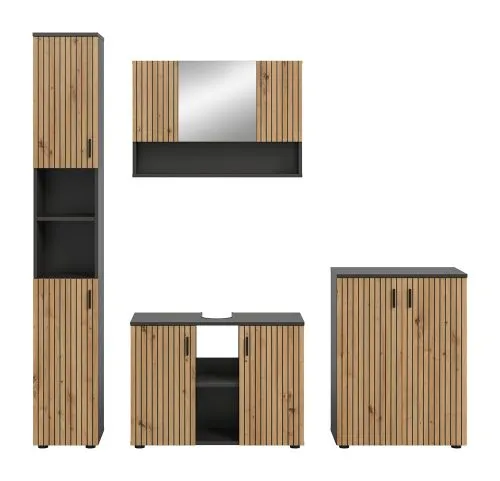 Badkombination Mone | 4-teilig | Basalt grau / Artisan Oak mit Aufsatzleuchte