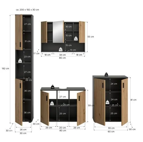 Badkombination Mone | 4-teilig | Basalt grau / Artisan Oak ohne Aufsatzleuchte