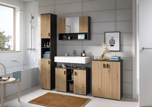 Badkombination Mone | 4-teilig | Basalt grau / Artisan Oak ohne Aufsatzleuchte