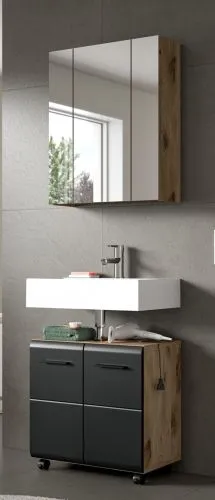 Badmöbel Ice auf Rollen | 2-teilig | Nox Oak / schwarz ohne