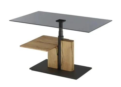 Couchtisch Delmas mit Lift | Eiche massiv | mit Glasplatte | 105/65 | Eichefarben / schwarz