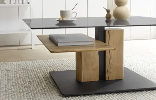 Couchtisch Delmas mit Lift | Eiche massiv | mit Glasplatte | 105/65 | Eichefarben / schwarz