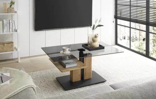 Couchtisch Delmas mit Lift | Eiche massiv | mit Glasplatte | 105/65 | Eichefarben / schwarz