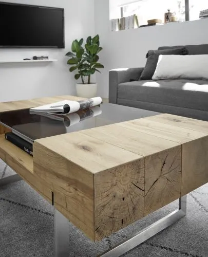 Couchtisch Rewa | Asteiche mit Glasplatte 110x60 Eichefarben / grau