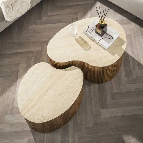 Couchtisch Set Beleto | nierenförmig | 2-teilig | Mangoholz massiv | sandfarbe